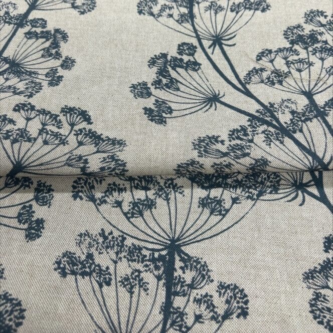 Sewing House Cow Parsley Indigo on Natural Roman Blind